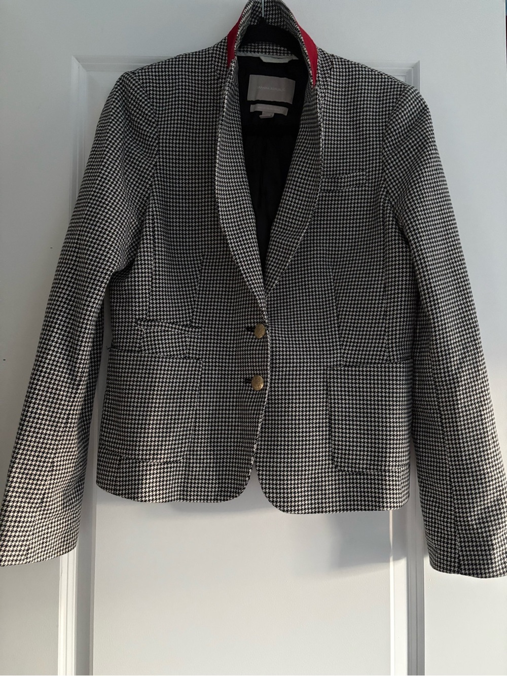 Banana Republic Black & White Houndstooth Blazer with Red Collar Accent